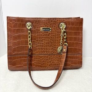 Anne Klein Faux Crocodile Brown Leather Handbag Purse Gold Chains Pockets